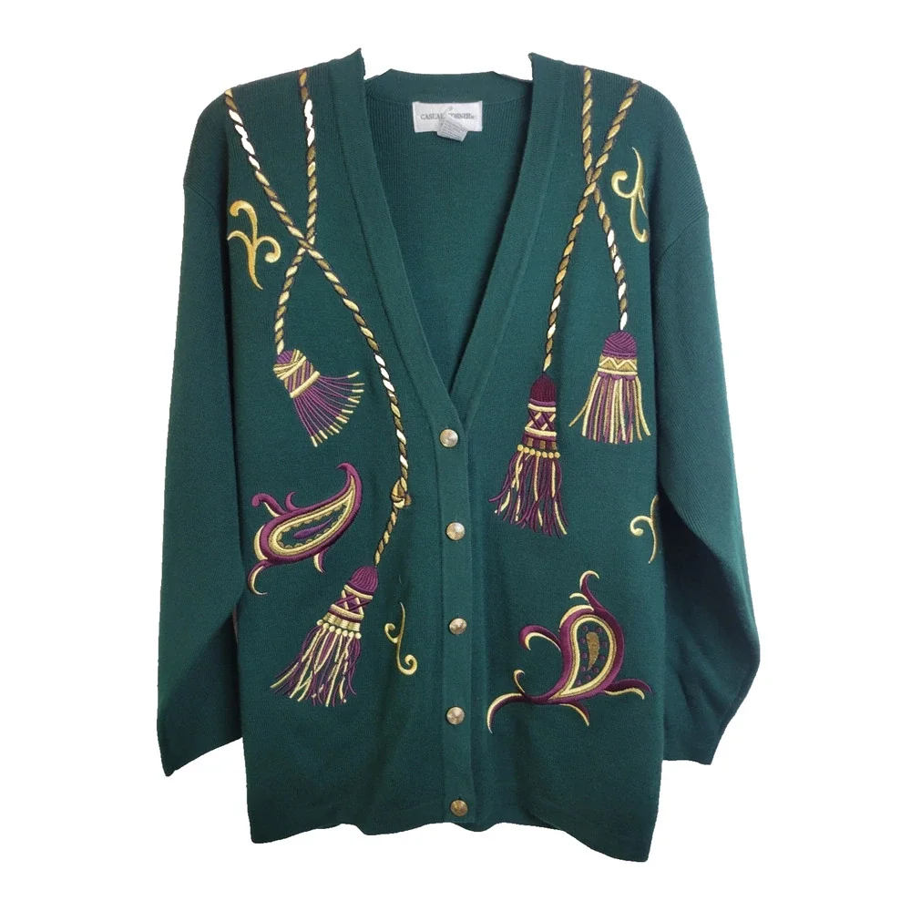 Casual Corner Green Embroidered Wool‎ Blend Cardigan Sweater Women's Size Large